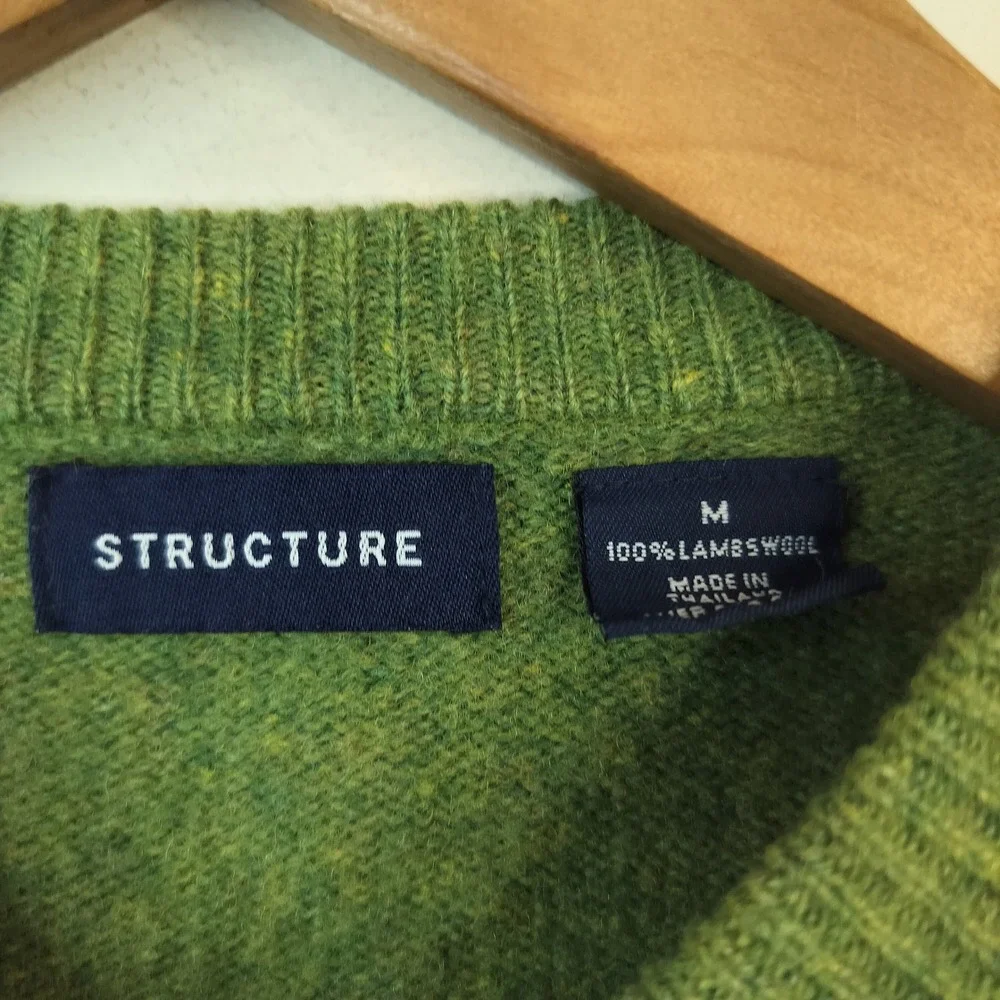 Structure Vintage Lambs Wool Sweater Medium Mens Preppy Green V Neck